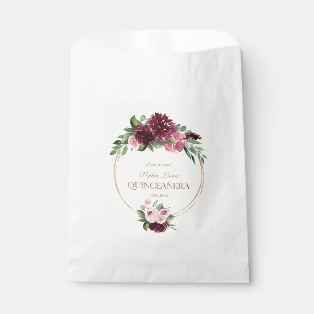 Burgundy Blush Bloral Gold Mis Quince Quinceañera Geschenktütchen (Vorderseite)