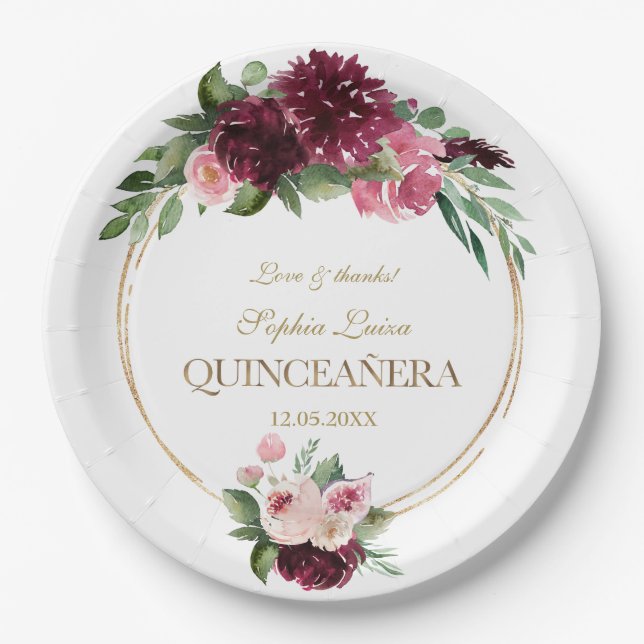 Burgundy Blush Bloral Gold Mis Quince Quinceañera Pappteller (Vorderseite)
