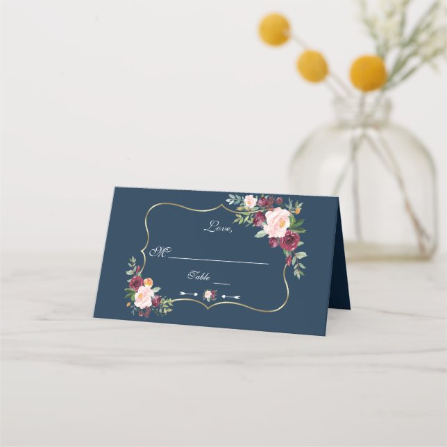 Burgundy Blush Bloral Gold Navy Blue Tischnummer Platzkarte (Vorderseite)