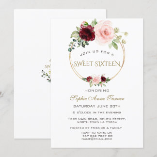 Burgundy Blush Bloral Gold Sweet 16 Einladung