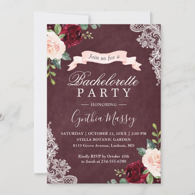 Burgundy Blush Bloral Lace Junggeselinnen-Abschied Einladung (Vorderseite)