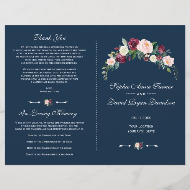Burgundy Blush Bloral Navy Blue Wedding Program Flyer (Vorne)