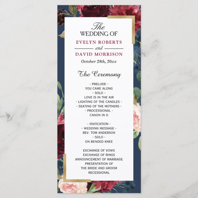 Burgundy Blush Bloral Navy Blue Wedding Program Programm (Vorderseite)