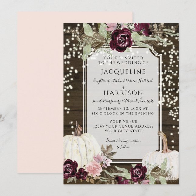 Burgundy Blush Bloral Rustic Twinkle Lights Weddin Einladung (Vorne/Hinten)