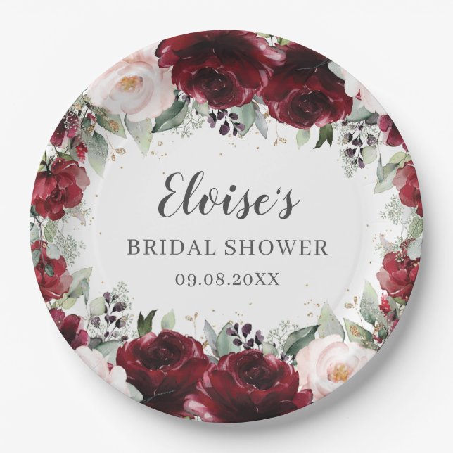 Burgundy Blush Bloral Wedding Bridal Babydusche Pappteller (Vorderseite)