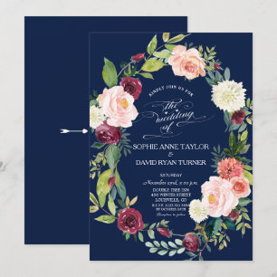 Burgundy Blush Bloral Wreath Dark Blue Wedding Einladung