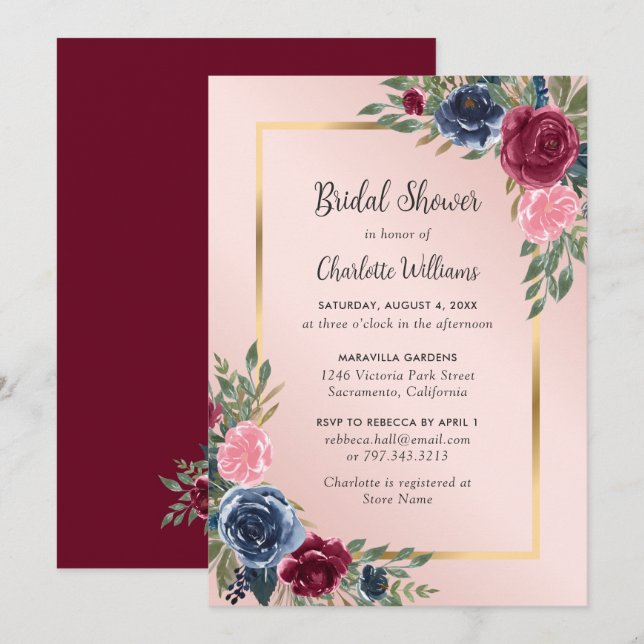 Burgundy Blush Blue Elegantes Brautparty Einladung (Vorne/Hinten)