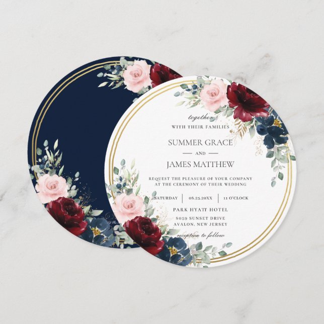 Burgundy Blush Blue Floral Gold Circle Wedding Einladung (Vorne/Hinten)