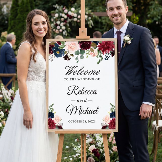 Burgundy Blush Blue Floral Mariage Affiche de bien (Créateur téléchargé)