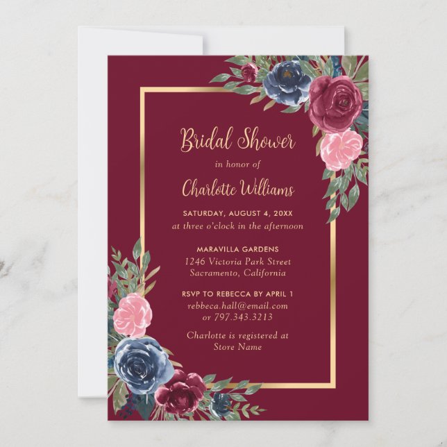 Burgundy Blush Blue Gold Floral Brautparty Einladung (Vorderseite)