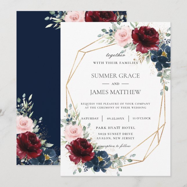 Burgundy Blush Blue Rose Bloral Geometric Wedding Einladung (Vorne/Hinten)
