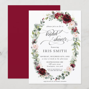 Burgundy Blush Blues Leafy Wreath Brautparty Einladung
