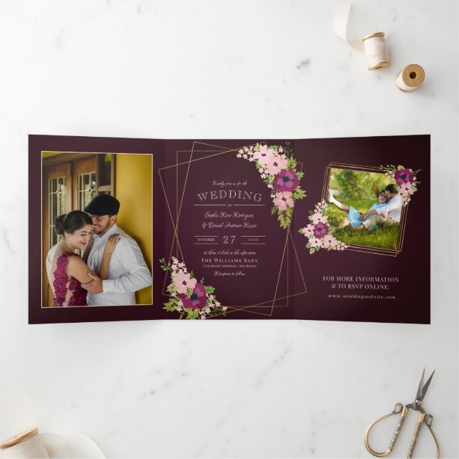 Burgundy & Blush Blume Geometrische Hochzeit Dreifach Gefaltete Einladung (Innenseite)