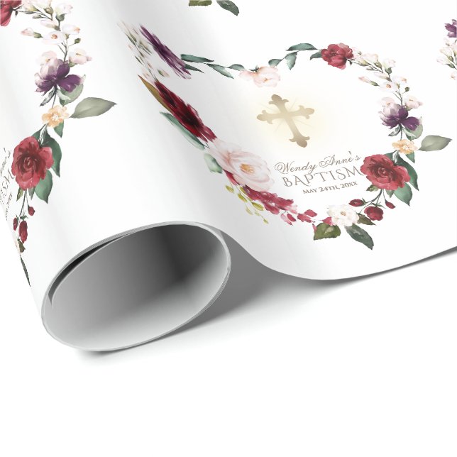 Burgundy Blush Blume Gold Frame Cross Taufen Geschenkpapier (Rolleneckpunkt)