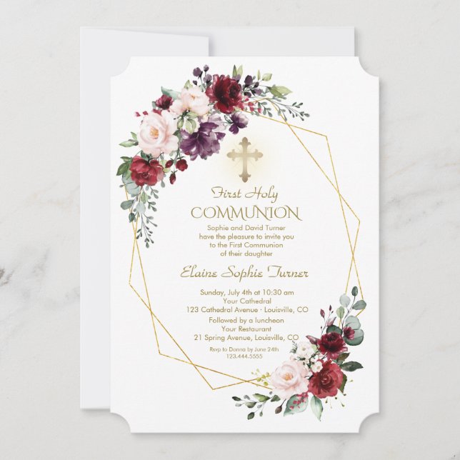 Burgundy Blush Blume Gold Frame Heilige Kommune Einladung (Vorderseite)