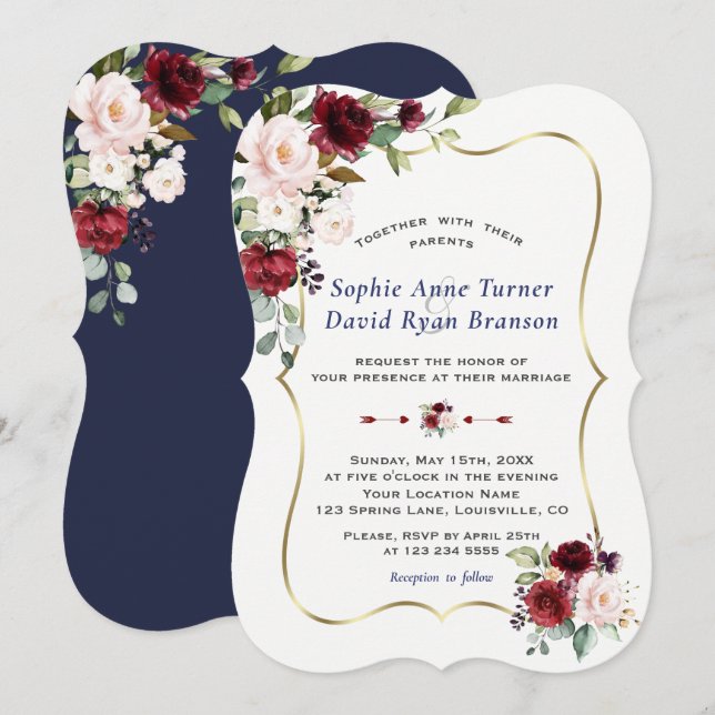 Burgundy Blush Blume Gold Frame Wedding Einladung (Vorne/Hinten)