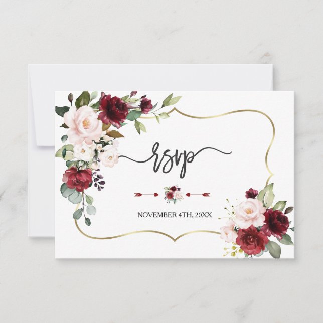 Burgundy Blush Blume Gold Frame Wedding RSVP Karte (Vorderseite)