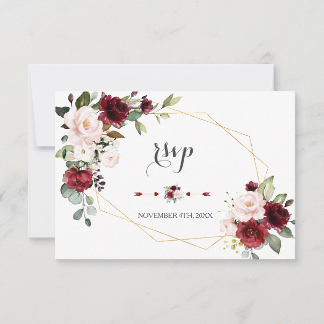Burgundy Blush Blume Gold Frame Wedding RSVP Karte (Vorderseite)