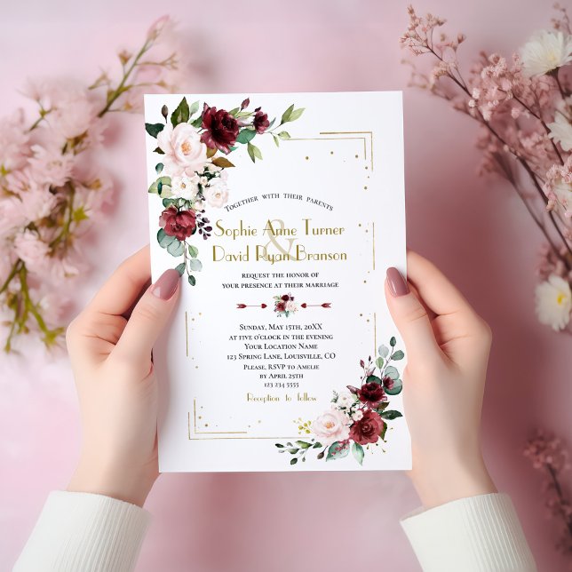 Burgundy Blush Blume Gold Glitzer Wedding Einladung (Von Creator hochgeladen)