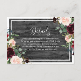 Burgundy & Blush Blume Holzkohle Hochzeit Begleitkarte