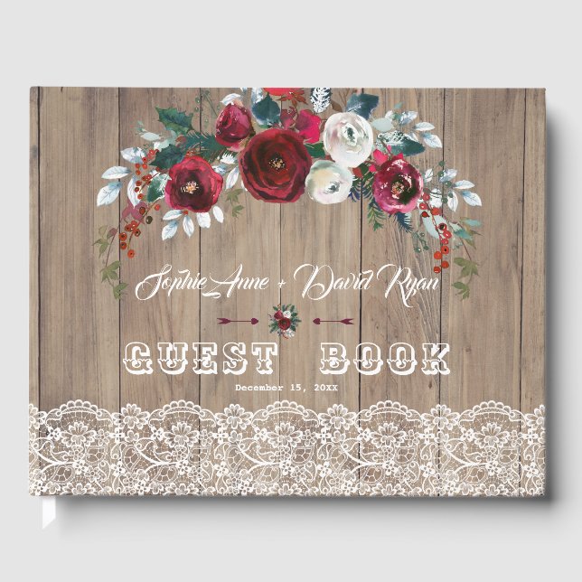 Burgundy Blush Blume Lace Wood Wedding Gästebuch (Vorderseite)