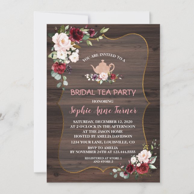 Burgundy Blush Blume Wood Bridal Tee Party Einladung (Vorderseite)