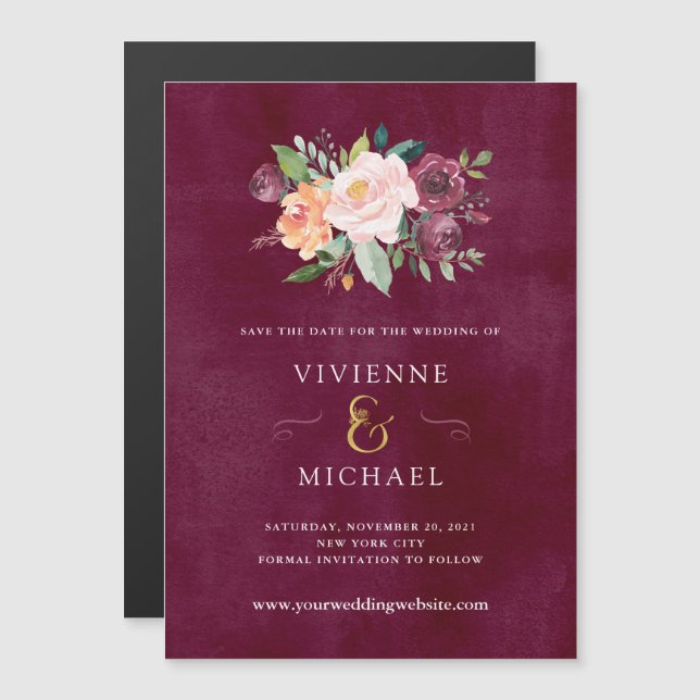 Burgundy Blush | Blumenhochzeit Datum speichern Magneteinladung (Vorne/Hinten)