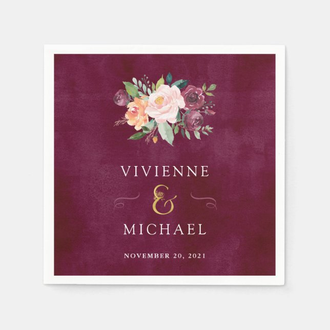 Burgundy Blush | Blumenhochzeit Serviette (Vorderseite)