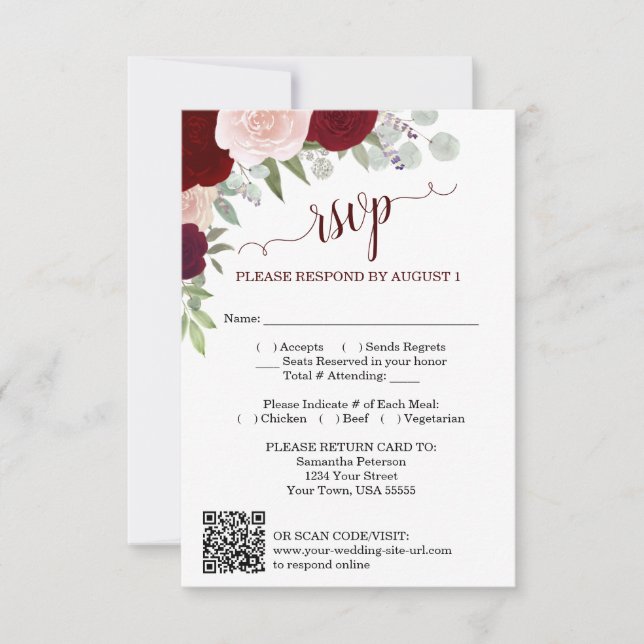 Burgundy Blush Boho Roses Wedding QR Code RSVP  Einladung (Vorderseite)