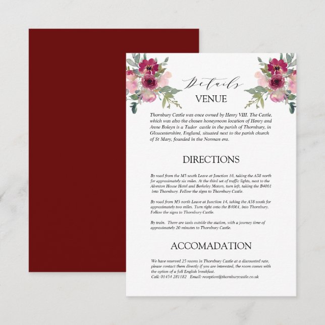 Burgundy & Blush-Bouquet - Hochzeitsdetails - Umsc Begleitkarte (Vorne/Hinten)
