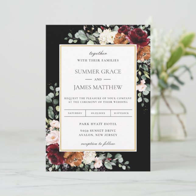 Burgundy Blush Burnt Orange Ivory Floral Wedding Einladung (Stehend Vorderseite)