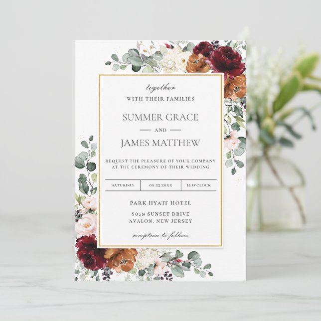 Burgundy Blush Burnt Orange Ivory Floral Wedding Einladung (Stehend Vorderseite)