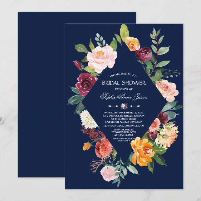 Burgundy Blush Dark Blue Brautparty Einladung (Vorne/Hinten)