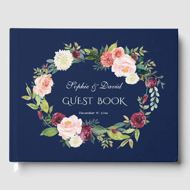 Burgundy Blush Dark Blue Wreath Wedding Gästebuch (Vorderseite)