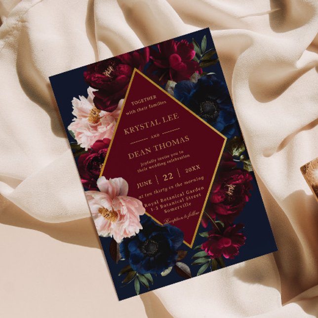 Burgundy Blush Dark Navy Blue Floral Gold Hochzeit Einladung (Von Creator hochgeladen)