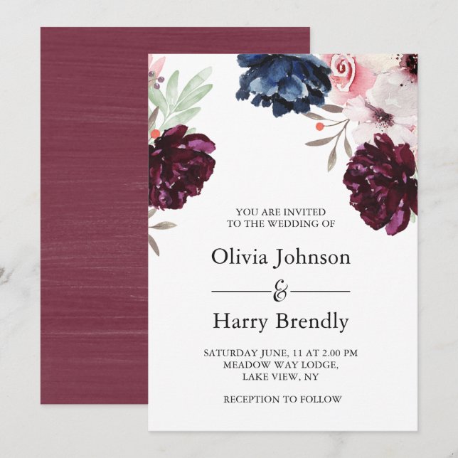 Burgundy Blush Elegante Blumenhochzeit Einladung (Vorne/Hinten)