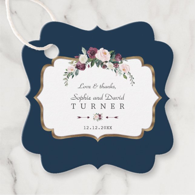 Burgundy Blush Elfenbeinblume Gold Navy Blue Weddi Geschenkanhänger (Vorderseite)