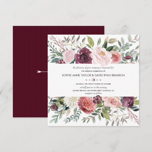 Burgundy Blush Elfenbeinblumenzeremonie Einladung (Vorne/Hinten)