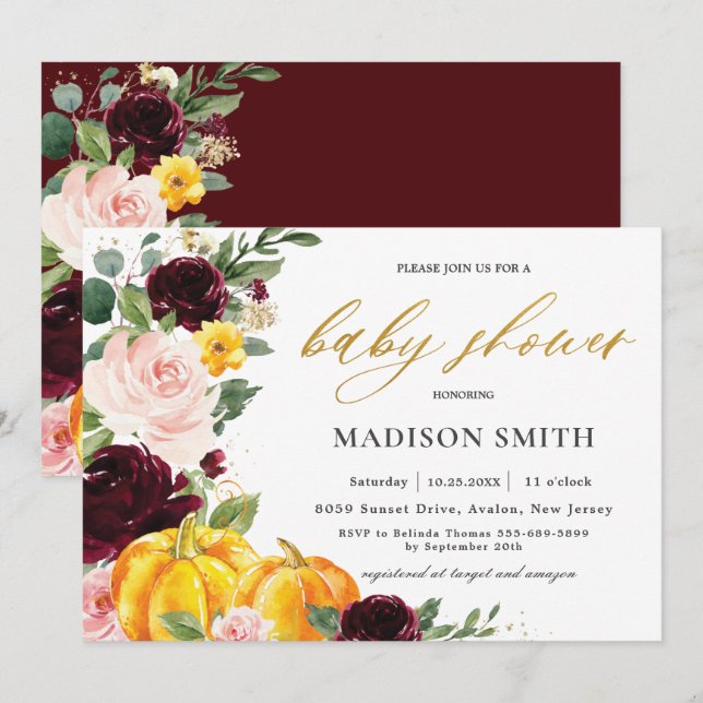 Burgundy Blush Fall Floral Pumpkins Baby Dusche    Einladung (Vorne/Hinten)