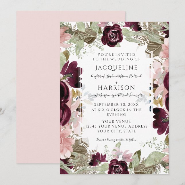 Burgundy Blush Fall Foliage Elegante Hochzeit Einladung (Vorne/Hinten)