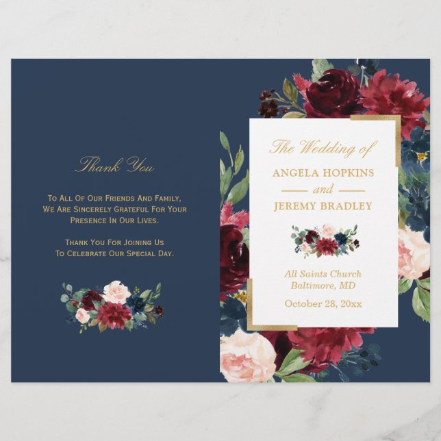 Burgundy Blush Floral Blue Programme de mariage pl (Devant)