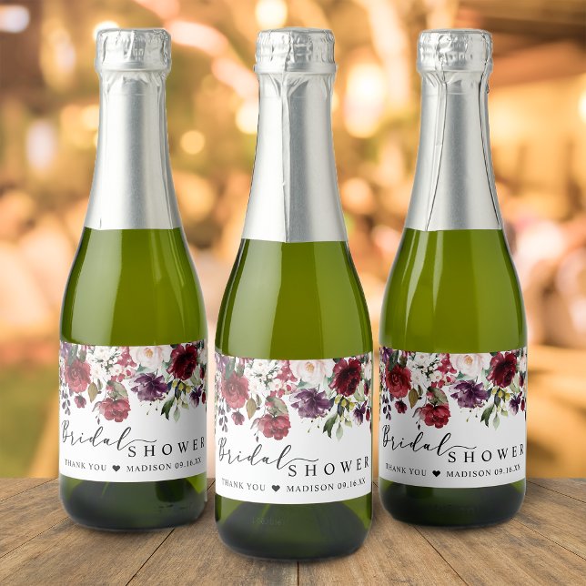 Burgundy Blush Floral Brautparty Gevor (Burgundy Blush Floral Bridal Shower Favor Sparkling Wine Label)