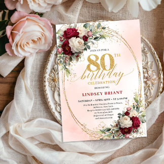 Burgundy Blush Floral Chic 80th Birthday Invite Einladung