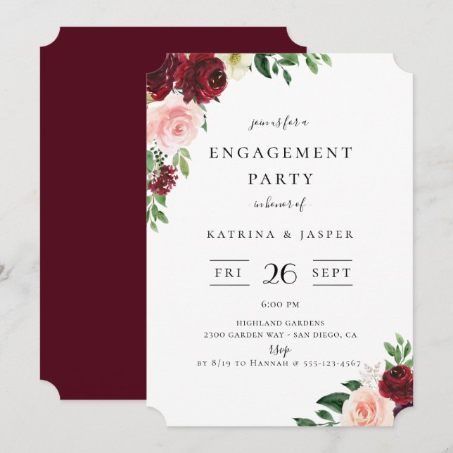 Burgundy Blush Floral Engagement Party Einladung (Vorne/Hinten)