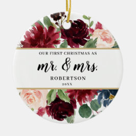 Burgundy Blush Floral Erster Weihnachtsanfang Keramik Ornament