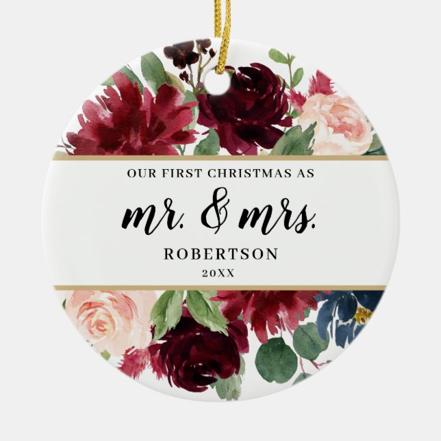 Burgundy Blush Floral Erster Weihnachtsanfang Keramik Ornament (Vorne)