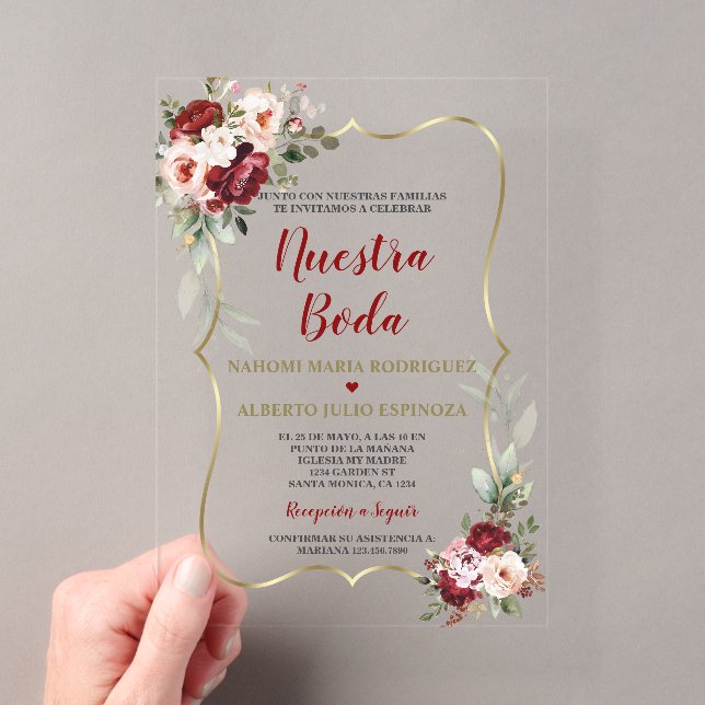 Burgundy Blush Floral Fall Spanish Nuestra Boda  Acryleinladungen (Insitu (Handheld))