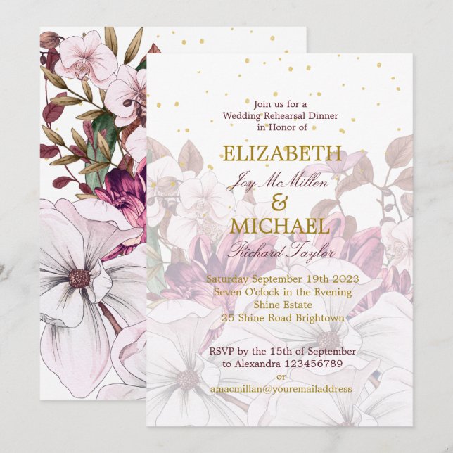 Burgundy Blush Floral Gold Elegante schicke Hochze Einladung (Vorne/Hinten)