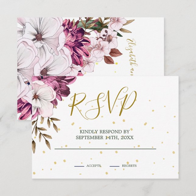 Burgundy Blush Floral Gold Eleganter Chic RSVP Karte (Vorne/Hinten)