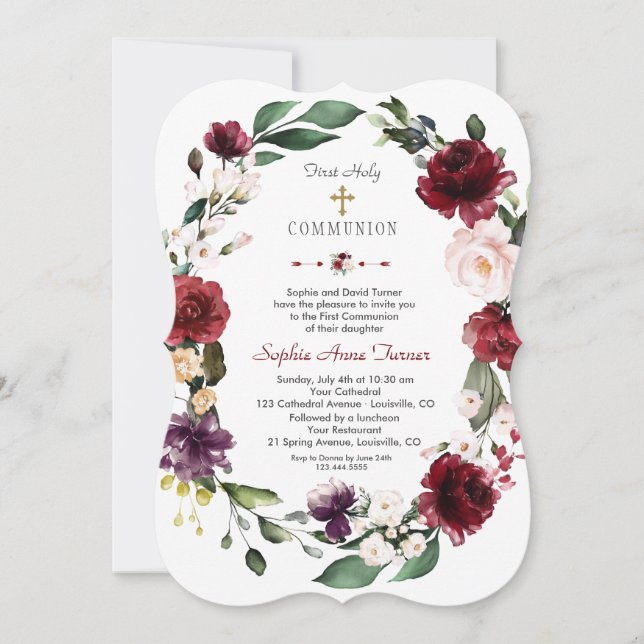 Burgundy Blush Floral Gold Erste Heilige Kommune Einladung (Vorderseite)